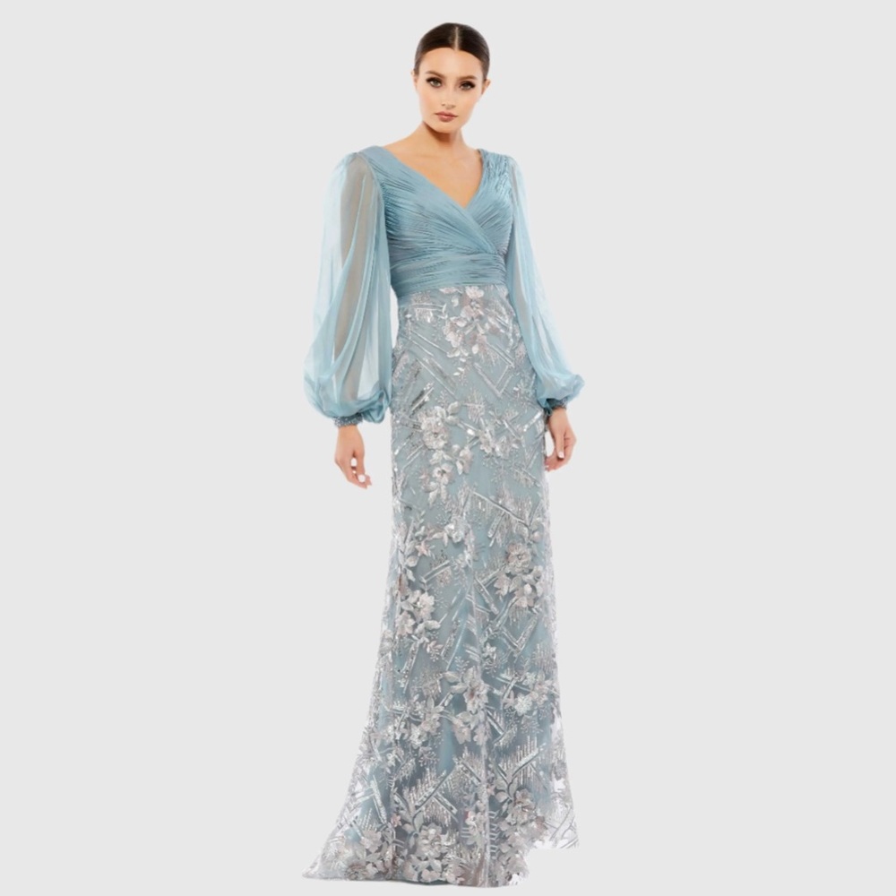 MAC DUGGAL Blue Illusion Puff Sleeve Pleated Bodice Embellished Gown